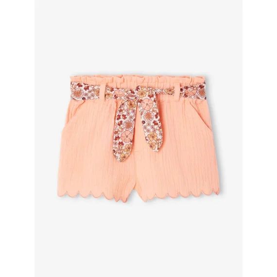 Short bébé en gaze de coton avec ceinture fleurie abricot