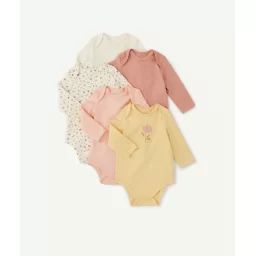 Lot de 5 bodies bébé fille en coton bio unis et imprimés rose et orangé