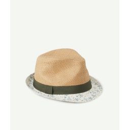 Le chapeau en paille et kaki avec bord imprimé –  – Soldes