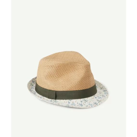 Le chapeau en paille et kaki avec bord imprimé –  – Soldes