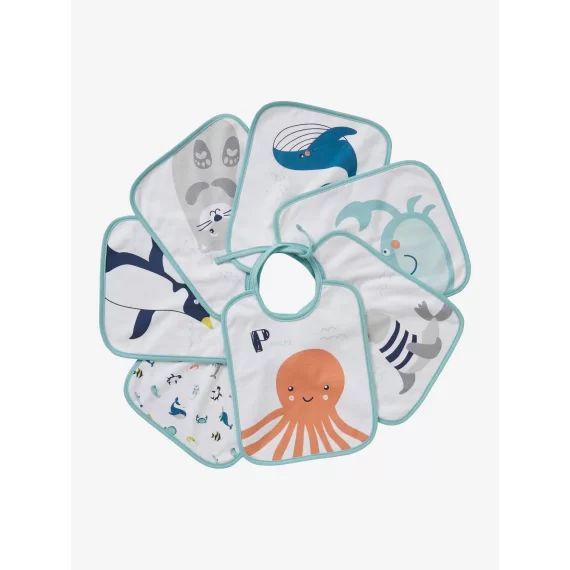 Lot de 7 bavoirs bébé imprimés fond blanc