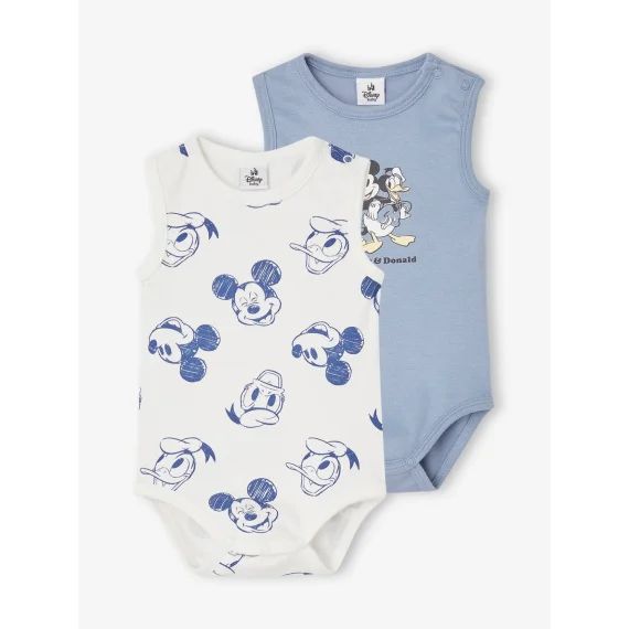 Lot de 2 bodies bébé sans manches Disney® Mickey et Donald bleu ciel + blanc