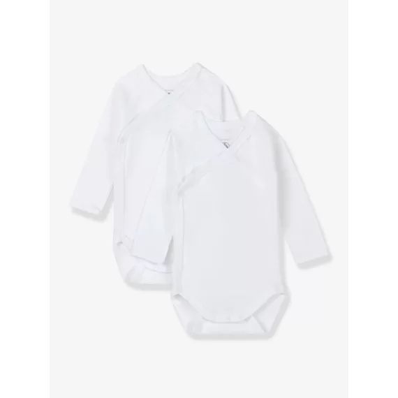 Lot de 2 bodies croisés manches longues bébé naissance en coton bio PETIT BATEAU blanc