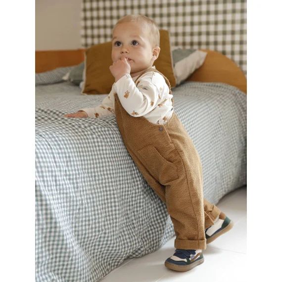 Ensemble bébé salopette en velours + T-shirt caramel