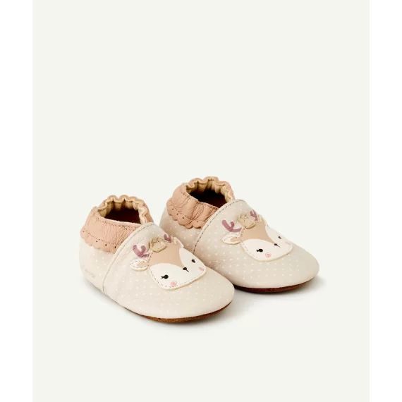 Chaussons bébé en cuir beige à pois avec renne