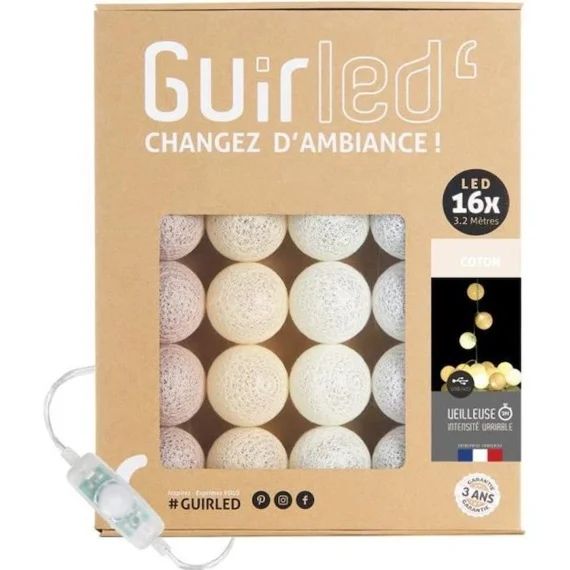Guirlande lumineuse boules coton LED USB – Veilleuse bébé 2h –  3 intensités – 16 boules 1,6m – Coton beige