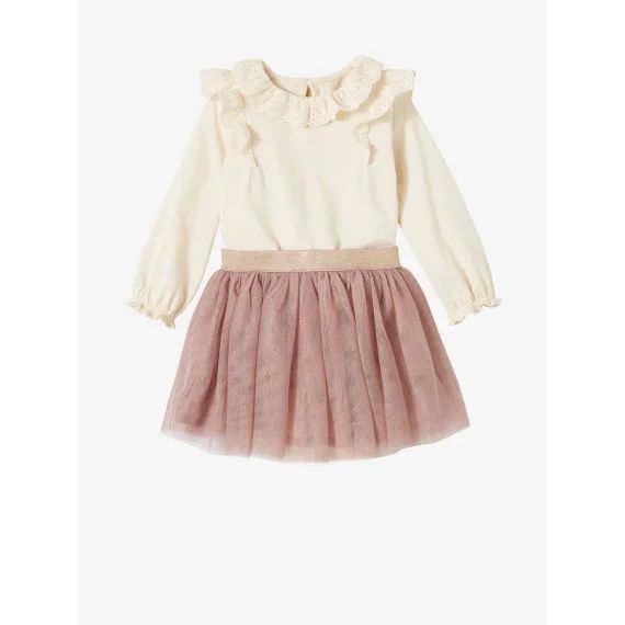 T-shirt à collerette en broderie anglaise et jupon tulle bébé fille écru