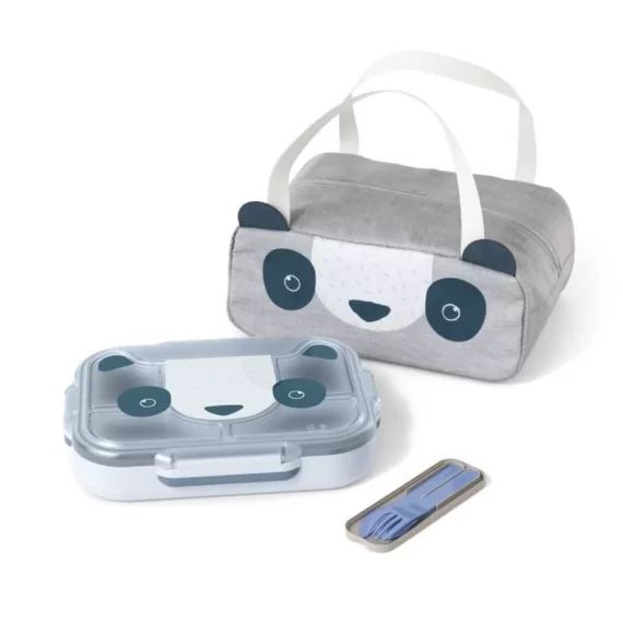 MONBENTO – Lunch box – Set Plateau Repas Compartimenté + Sac de Transport + Couverts – Idéal pour Ecole/Parc – MB Wonder Bleu Panda bleu