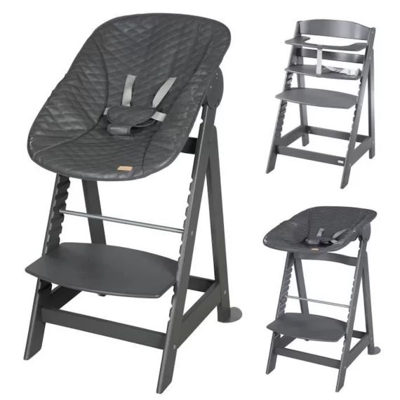 ROBA Chaise Haute Évolutive Born Up 2 en 1 + Transat Inclinable – Graphite matelassé – Dès la naissance – Bois Anthracite gris