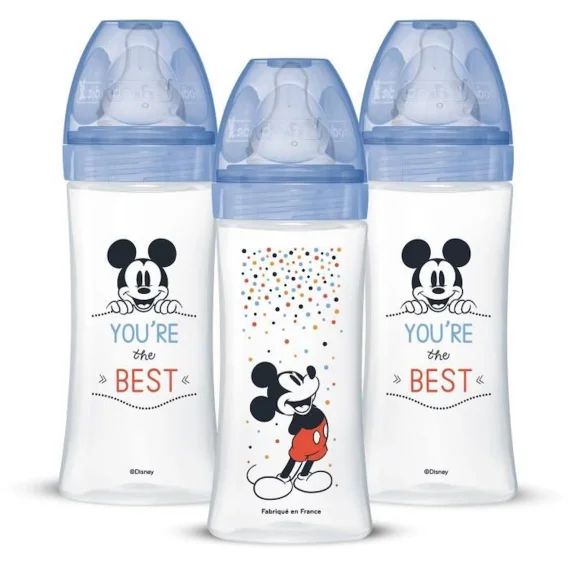 Dodie Lot de 3 Biberons Anti colique Sensation+, Mickey, 330 ml, +6 Mois, Tétine Plate, Débit 3 bleu