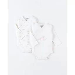 Set de 2 bodies croisés manches longues imprimés blanc