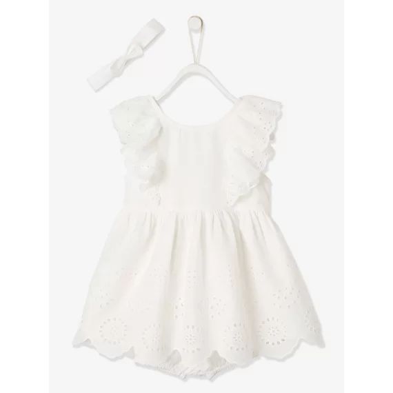 Ensemble de cérémonie bébé robe, bloomer et bandeau ivoire