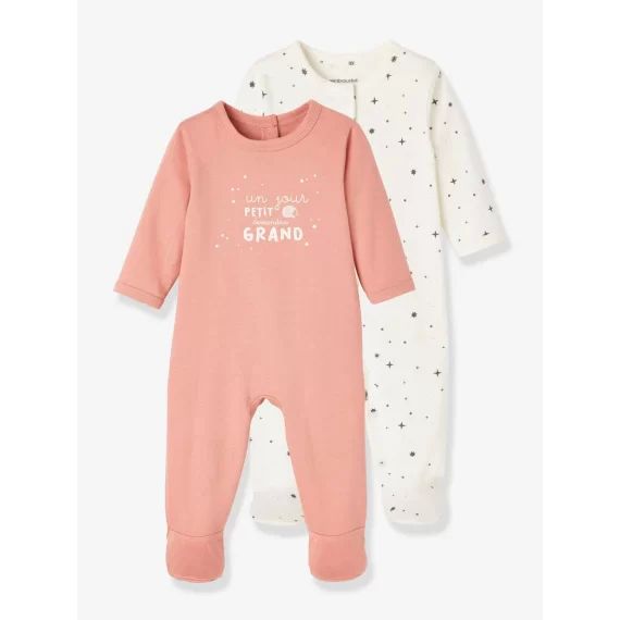 Lot de 2 pyjamas bébé ouverture naissance en coton bio bois de rose foncé