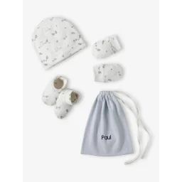 Ensemble naissance ours bonnet + moufles + chaussons + pochon personnalisable bleu pâle