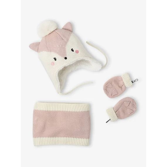 Ensemble bonnet + snood + moufles Chatounette bébé fille rose pâle
