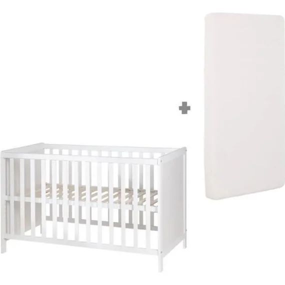ROBA Lit Cododo 60×120 cm à 5  barres amovibles – avec sommier et matelas – Blanc blanc
