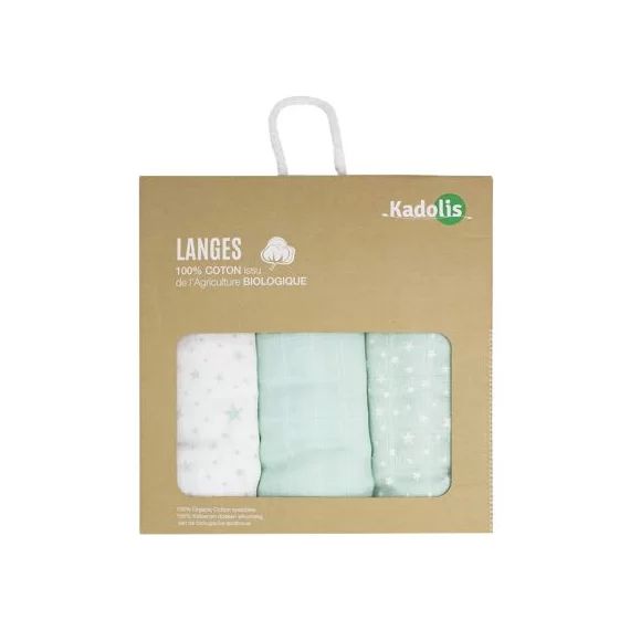 Lot de 3 langes en coton bio Étoile vert d&rsquo;eau (60 x 60 cm)