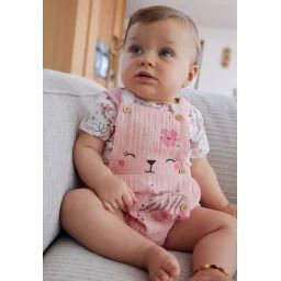 Ensemble Salopette Bébé En Gaze De Coton Et T-shirt Petit Safari Rose