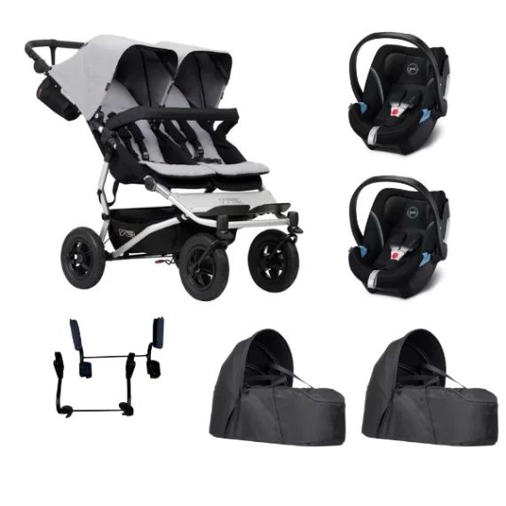 Poussette Double Mountain Buggy Duet V3.2 – Silver + 2 Cocoon V2 + 2 Coques Cybex Aton 5