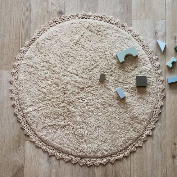 Tapis Rond Coton Lavable Finition Crochet Perla Sable