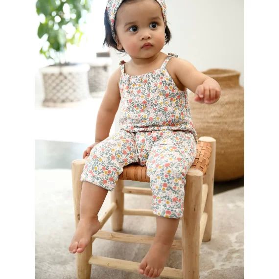 Ensemble combinaison et bandeau bébé fille en molleton blanc imprimé