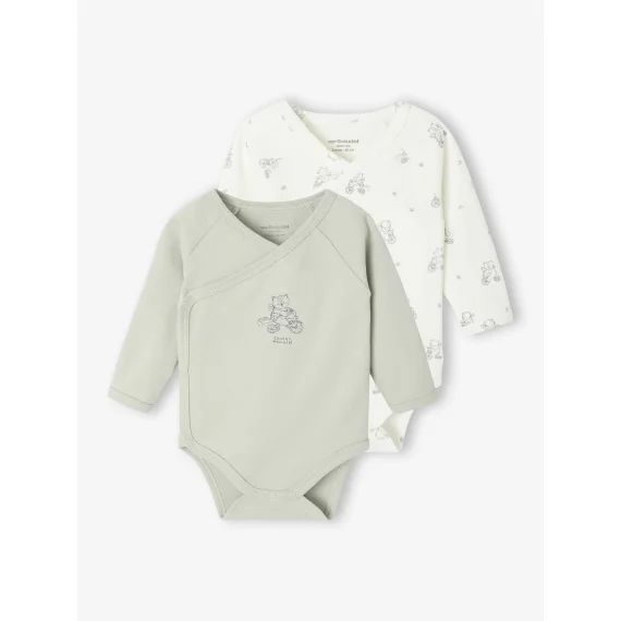 Lot de 2 bodies manches longues ouverture naissance vert d&rsquo;eau
