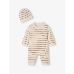 Ensemble combinaison et bonnet en tricot rayé bébé noisette