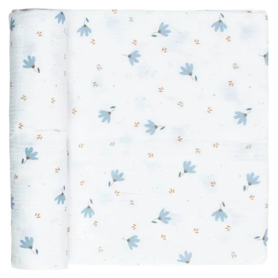 Maxi Lange En Gaze De Coton Blanc Imprimé Bleuet