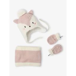 Ensemble bonnet + snood + moufles Chatounette bébé fille rose pâle
