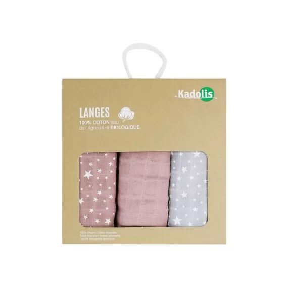 Lot de 3 langes en coton bio Étoile rose (60 x 60 cm)