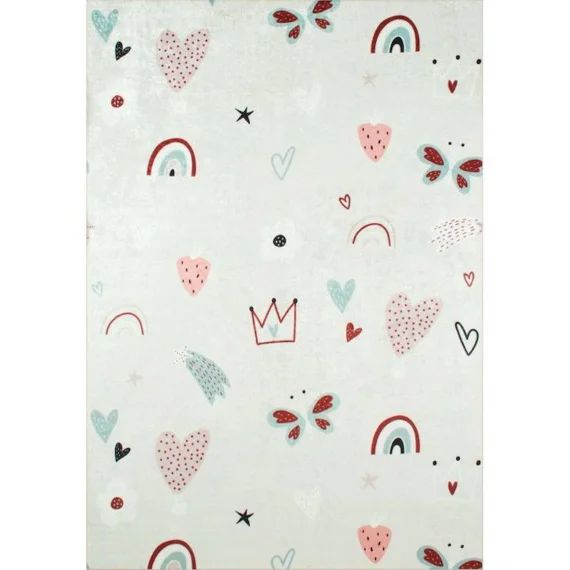 Tapis Chambre Enfant – Coeur Et Arc En Ciel Rose – 80 X 150 Cm – Rose – Nazar Rugs Blanc
