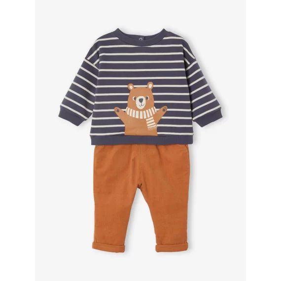 Ensemble bébé sweat + pantalon en velours rayé bleu