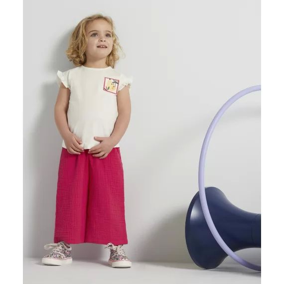 Pantalon fluide évolutif fille rose en gaze de coton –  – Soldes