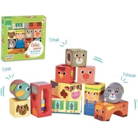 Vilac – Cubes sonores Animaux de la ferme – Jouet d&rsquo;éveil en bois – A partir de 18 mois orange