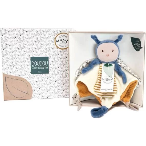 Doudou et Compagnie – Doudou Plat – Doudou Bio Abeille – 25 cm – Bleu/Jaune – Cadeau de Naissance – Pollen L&rsquo;Abeille Bio – DC3843 bleu