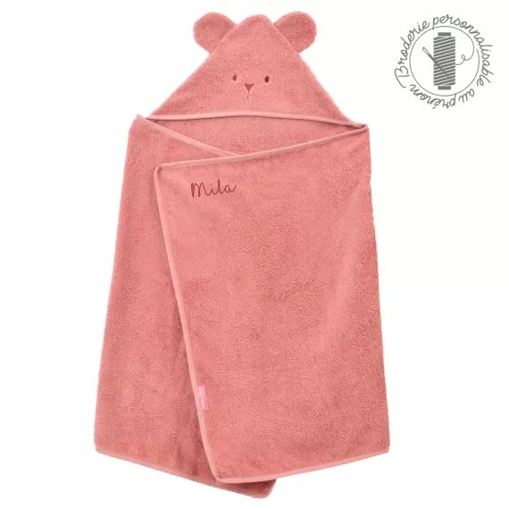 Cape de bain Ourson personnalisable – bois de rose