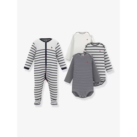 Lot de 1 pyjama bébé et 3 bodies rayures PETIT BATEAU blanc imprimé