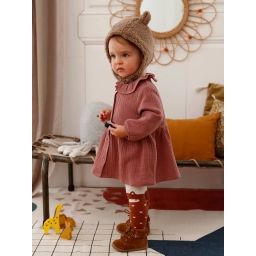 Robe collerette bébé en gaze de coton bois de rose