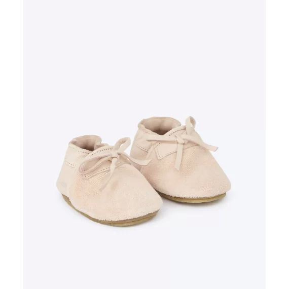 Chaussons bébé en cuir et crêpe rose pâle –  – Soldes