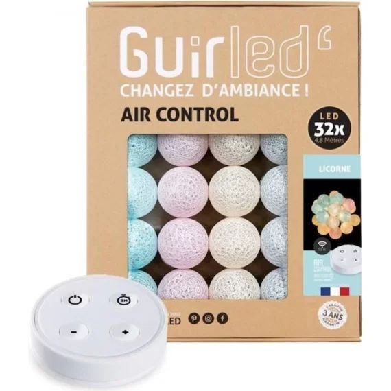 Guirlande lumineuse boules coton LED USB – Télécommandée -Veilleuse bébé 2h –  4 intensités – 32 boules 3,2m – Licorne bleu