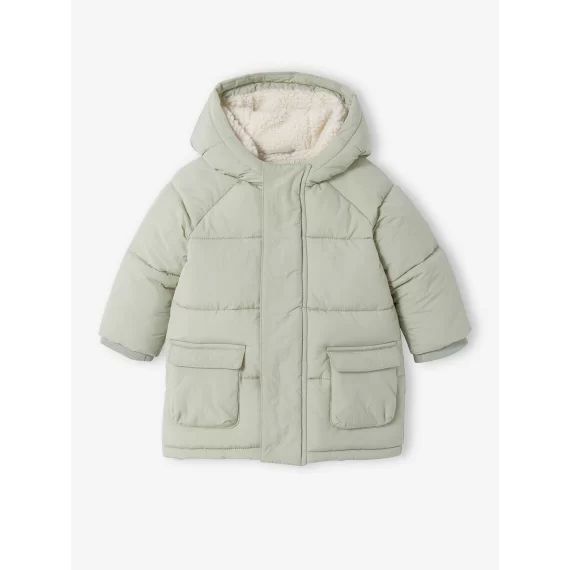 Doudoune longue à capuche bébé garnissage en polyester recyclé vert sauge