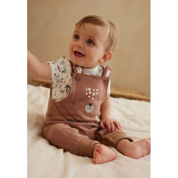 Ensemble Salopette Bébé En Gaze De Coton Et T-shirt Yao Marron