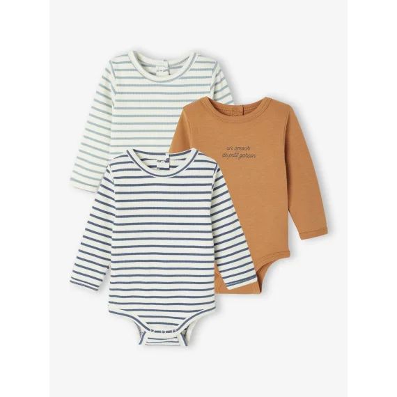 Lot de 3 bodies naissance en maille côtelée et interlock bleu