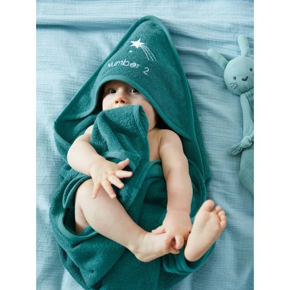 Cape de bain personnalisable + gant de toilette vert bleuté