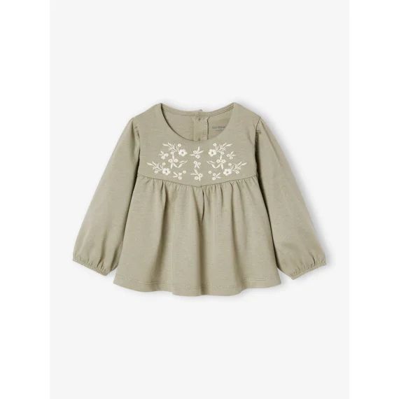 T-shirt blouse brodé fleurs bébé vert d&rsquo;eau