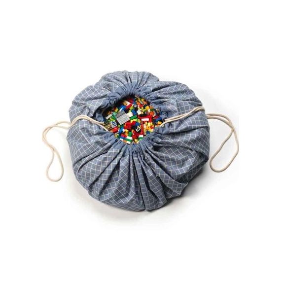 Sac à jouets 2 en 1 en coton bio Carreaux bleu
