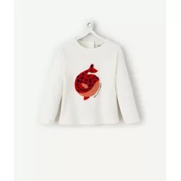 T-shirt bébé fille en coton bio écru avec baleine en bouclette –  – Soldes