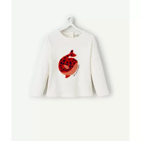 T-shirt bébé fille en coton bio écru avec baleine en bouclette –  – Soldes