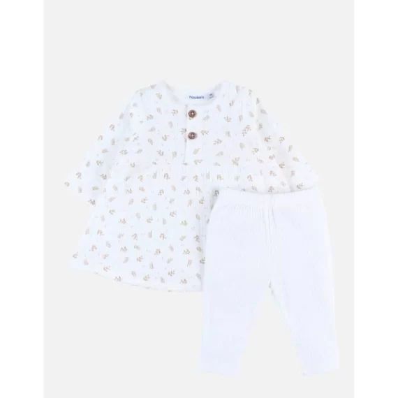 Ensemble robe et legging en jersey côtelé imprimé végétal beige