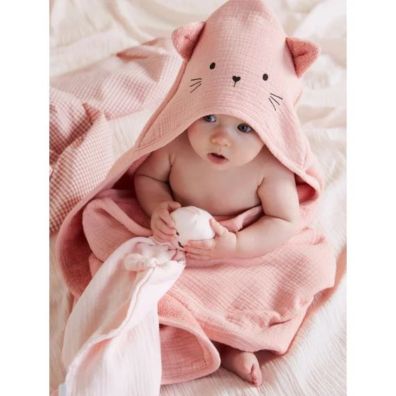 Cape de bain + gant en gaze de coton bio*, rose
